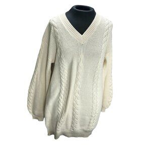 Vafoly Womens Cream Cable Knit V-Neck Sweater Pullover Size S